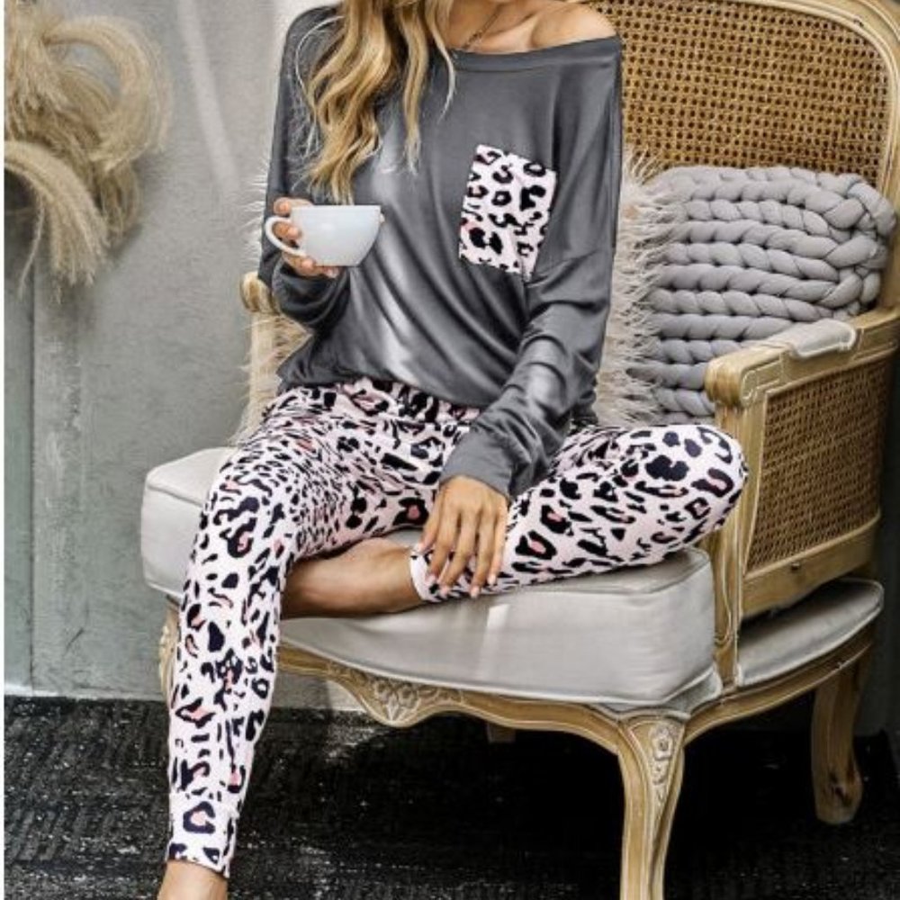 Gray Leopard Print Loungwear Set